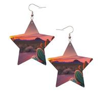 KC Gold Trendy Leather Star Earrings for Women - Lightweight Cactus Desert Sunset Print Dangle Jewelry, Party Favors & Decorations