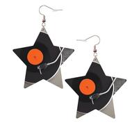 KC Gold Trendy Leather Star Earrings for Women - Vintage Vinyl Record Print Dangle Jewelry, Lightweight Fashion Accessory