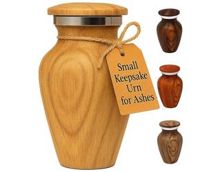 KC KATIE COLLECTION BY URNSELLER Small Keepsake Cremation Urn For Human Ashes Aluminum With Wood Grain Finish | Mini Metal Sharing Personal Funeral Urn for Pet or Human Ashes (Oak)