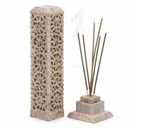 KC KULLICRAFT Marble Soapstone Incense Stick Burner | Candle Stick Holder | Tea Light Stand - Perfect Floral Carving for Gifting. Decorative Home and Kitchen Decor (3 x 3 x 11 Inches)