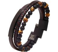 KC Premium Men’s Beads & Leather Bracelet | Adjustable Magnetic Clasp | Handmade Wristband Tiger Eye & Lava Rock Stones | Engraved Stainless Steel Cuff Bangle Black Brown Blue Silver | Gift for Him