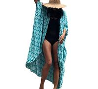 KCatsy Plus Size Leaf Pattern Print Half Sleeve Kimono Cardigan Tie Waist Belted Cover-Up Bohemian Resort Beach-Wear Loose Oversized Robe Costume Cover E Leaf Teal OneL 16-18