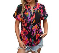 KCatsy Women Casual Business Summer Top Flower Floral Hawaii Paisley Coloured Drawing Pattern V-Neck Short Sleeve Shirt Loose T-Shirt Blouse C Red 2XL 18-20