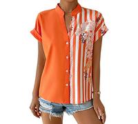 KCatsy Women Casual Business Summer Top Flower Floral Striped Vertical Stripe Spot Dot Colour Block Contrast V-Neck Short Sleeve Button-Down Front-Open Shirt Loose T-Shirt Blouse A Orange M 12-14