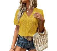 KCatsy Women Cotton Lace Embellished Broderie Anglaise Openwork Floral Flower Short Sleeve Summer Elegant Top V-Neck Pointelle-Trim Shirt T-Shirt Tee Blouse A Yellow M 12