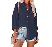 KCatsy Women Crinkle Crepe Solid Color Business Casual Top Pocket Oversized Plain Button-Down Long Sleeve Shirt Loose Blouse A Navy L 14