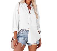 KCatsy Women Crinkle Crepe Solid Color Business Casual Top Pocket Oversized Plain Button-Down Long Sleeve Shirt Loose Blouse A White M 12