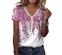 KCatsy Women Eyelash Lace V-Neck Flower Floral Jacaranda Leaf Print Pattern Graphic T-Shirt Short Sleeve Loose Summer Top Tee Shirt Blouse B Fuchsia L 12