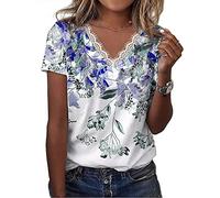 KCatsy Women Eyelash Lace V-Neck Flower Floral Jacaranda Leaf Print Pattern Graphic T-Shirt Short Sleeve Loose Summer Top Tee Shirt Blouse C Blue 5XL 22