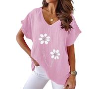 KCatsy Women Plus Size Floral Flower Print Pattern Graphic Cotton Linen V-Neck Batwing Loose Summer Top Plain Short Sleeve T-Shirt Blouse 3XL 18 B Flower Pink