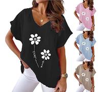 KCatsy Women Plus Size Floral Flower Print Pattern Graphic Cotton Linen V-Neck Batwing Oversize Loose Summer Top Plain Short Sleeve T-Shirt Blouse 5XL 22 B Flower Black