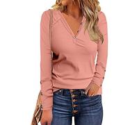 KCatsy Women Rib Solid Color Plain Button-Up Business Casual Top Striped V-Neck Shirt Long Sleeve T-Shirt Base Layer Blouse A Pink XL 16