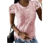 KCatsy Women Rose Flower Lace Crochet Pointelle-Trim Summer Tank Top Solid Color Plain Embroidery Broderie Anglaise Short Sleeve Sleeveless Sexy T-Shirt Blouse 2XL 14 A-Pink