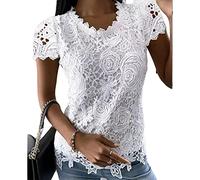 KCatsy Women Rose Flower Lace Crochet Pointelle-Trim Summer Tank Top Solid Color Plain Embroidery Broderie Anglaise Short Sleeve Sleeveless Sexy T-Shirt Blouse 4XL 18 A-White