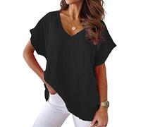 KCatsy Women Solid Color Cotton Linen V-Neck Batwing Oversized Loose Summer Top Plain Short Sleeve T-Shirt Blouse XL 14 A-Black