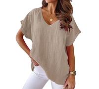 KCatsy Women Solid Color Cotton Linen V-Neck Batwing Oversized Loose Summer Top Plain Short Sleeve T-Shirt Blouse 3XL 18