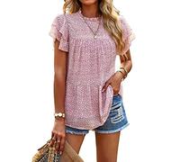 KCatsy Women Summer Top Chiffon Ruffle Spot Dot Short Sleeve Floaty Elegant T-Shirt Crew-Neck Shirred Blouse Lightweight Pull-On Shirt A Pink M 12-14