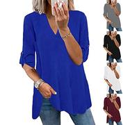 KCatsy Womens Chiffon Solid Color Top Plain Roll-Up Long Sleeve T-Shirt V-Neck Shirt Loose Business Casual Blouse A Cobalt Blue 3XL 18