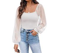 KCatsy Womens Slim Sexy Knit Top Lantern Chiffon Pointelle-Trim Sleeve Sheer See-Through Solid Color Plain Shirt Boat-Neck Trendy Blouse A White XL 14