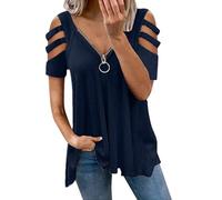 KCatsy Womens Summer Tops Short Sleeve Plain Solid Cold Shoulder Zip Low-Cut Loose V-Neck Cool Tee T-Shirt Blouse(A Navy,3XL)