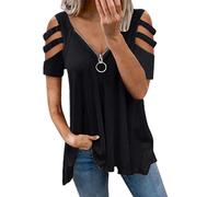 KCatsy Womens Summer Tops Short Sleeve Plain Solid Cold Shoulder Zip Low-Cut Loose V-Neck Cool Tee T-Shirt Blouse(A Black,3XL)