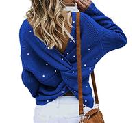 KCatsy Womens Sweater Jumper Solid Colour Pearl Beaded Tie Knoted Plain V-Neck Knitted Top Beading Loose Jersey Pullover Knitwear(B Bead Royal Blue,L 14)