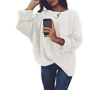KCatsy Womens Sweater Jumper Solid Colour Plus Size Boat Neck Long Sleeve Plain Knitted Tops Loose Knitting Pullover Knitwear(A White,M 12-14)
