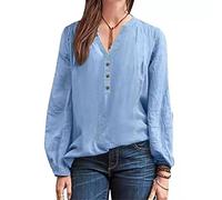 KCatsy Womens Top Cotton Linen Solid Color Plain V-Neck Henley Collar Button-Up Long Sleeve Shirt Loose T-Shirt Business Casual Blouse A Blue 4XL 20