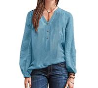 KCatsy Womens Top Cotton Linen Solid Color Plain V-Neck Henley Collar Button-Up Long Sleeve Shirt Loose T-Shirt Business Casual Blouse A Teal Blue 4XL 20