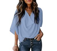 KCatsy Womens Tops Shirt Chiffon Solid Colour Plain 3/4 Sleeve Three Quarters Sleeve Batwing Plus Size V-Neck Loose Baggy Oversized Blouse(A Sky Blue,XL16)