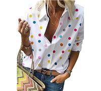 KCatsy Womens Tops Shirt Long Sleeve Polka Dots Spotted Print Graphic Pattern Collared Plus Size V-Neck Pocket Loose Blouse(B White,3XL18)