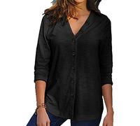 KCatsy Womens Tops Shirt Plus Size Solid Color Plain Button-Down Retro V-Neck Long Sleeve Loose Daily Casual Blouse(A Black,5XL 22)