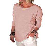 KCatsy Womens Tops Shirt Plus Size Solid Colour Plain Long Sleeve Crew-Neck Long Sleeve Base Layer Casual Blouse(A Pink,S8)