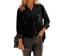 KCatsy Womens Velvet Solid Color Hi-Low Button-Down Pocket Long Sleeve Shirt Plain Velour Dipped Hem Business Casual Top Loose Blouse A Black XL 16-18
