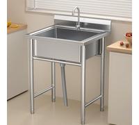 KCCRHIN Freestanding Single Bowl Utility Sinks Commercial Stainless Steel Sink, 1 Compartment, Kitchen Sink with Hot & Cold Water Faucet Outdoor Sink Basin for Laundry Garage Garden,60x60x80cm
