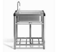 KCCRHIN Freestanding Stainless Steel Utility Sink Commercial Utility Kitchen Sinks with Hot & Cold Water Faucet Single Bowl Outdoor Sink Station for Laundry Garage Garden,47x42x75cm