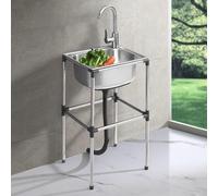 KCCRHIN Stainless Steel Outdoor Sink Single Bowl Metal Sink with Legs Utility Kitchen Sink with Hot & Cold Water Faucet Single Bowl Sink Station for Farmhouse Garage Garden,48x35x76cm