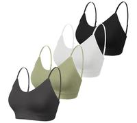 KCDDUMK 4 Pieces Cami Bras - Women's V-Neck Padded Seamless Straps Bralette Everyday Basic Sleeping Bra, Black, White, Olive, Dark-Grey, S
