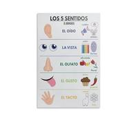 KCDFDVJFBM Bilingual Learning Poster Five Senses in Spanish English Educational Canvas Wall-Art for Room(Framed,12x18inch(30x45cm))