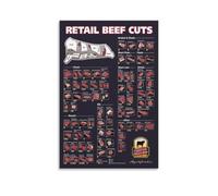 KCDFDVJFBM Cuts of Beef Butcher Chart Poster Primal Subprimal Meat Cutting Guide Cow Anatomy Diagram Kitchen Wall-Art Canvas Print(Framed,16x24inch(40x60cm))