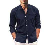 KCDING Plus Size Men's Shirts Casual Cotton Linen Striped Button Collar Long Sleeve Shirt Spring And Summer Men's Big Size T Shirts, Navy #4, XL