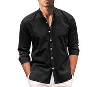 KCDING Plus Size Men's Shirts Casual Cotton Linen Striped Button Collar Long Sleeve Shirt Spring And Summer Men's Big Size T Shirts, The Black #4, XL