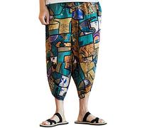 KCDING Set Portugal Men Linen Harem Pants Capri Pants Lightweight Loose 3/4 Shorts Drawstring Elastic Waist Casual Beach Yoga Pants Man, brown, XXXXXL
