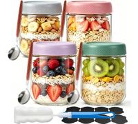 KCDMBUE 4 Pack 500ml Glass Overnight Oats Jars with Spoons Labels Cleaning Brush, Leak-Proof, Reusable Wide Mouth Mason Jars Overnight Oats Containers for Yogurt,Fruit,Salad Dressing,Dry Food Storage