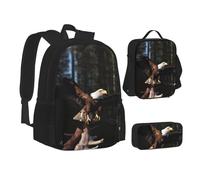 KCGSDEGV 3D Bald Eagle Printed Prints School Bag 3Pcs Bookbag Sets with Lunch Bag Pencil Case, Cute Student Backpack Set for Teen Girls Boys