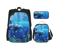 KCGSDEGV 3D Underwater World Fish dolphi Printed Prints School Bag 3Pcs Bookbag Sets with Lunch Bag Pencil Case, Cute Student Backpack Set for Teen Girls Boys