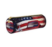 KCGSDEGV 4th of July Patriotic Us Flag Printed Round Pencil Case Cute Leather Pencil Pouch Pen Bag Holder Stationery Organizer Box for School Girls Boys