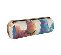 KCGSDEGV Alpaca Llama Printed Round Pencil Case Cute Leather Pencil Pouch Pen Bag Holder Stationery Organizer Box for School Girls Boys