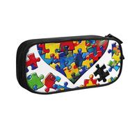 KCGSDEGV Autism Awareness Puzzle Pieces Heart Printed Pen Pencil Cases for School Girls Boys, Large Capacity Cute Pencil Bag Holder Stationery Organizer Box,Black