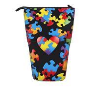 KCGSDEGV Autism Awareness Puzzle Pieces Heart Prints Standing Expandable Pencil Case Organiser for School Pens, Makeup & Travel for Students & Artists